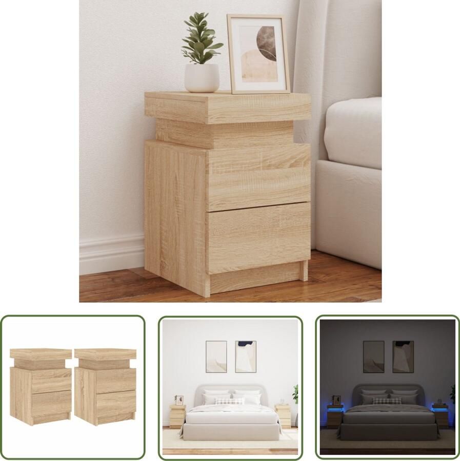 The Living Store Nachtkastjes met LED-verlichting 2 st 35x39x55 cm sonoma eiken Nachtkastjes Led Verlichting Sonoma Eiken Houten Nachtkastjes Bedroom Furniture