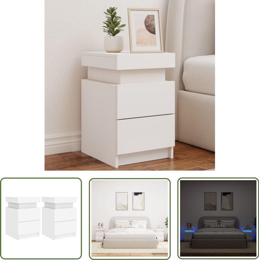 The Living Store Nachtkastjes met LED-verlichting 2 st 35x39x55 cm wit Nachtkastjes Led Verlichting Slaapkamers Houten Kast Wit Meubilair