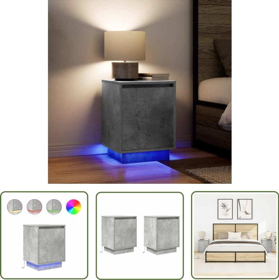 The Living Store Nachtkastjes met led-verlichting 2 st 38x34x50 cm betongrijs Nachtkastjes LED Verlichting Slaapkamers Houten Meubilair Betonnen Grijs
