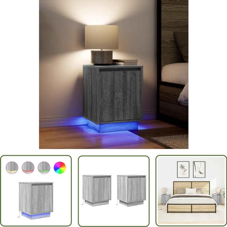 The Living Store Nachtkastjes met led-verlichting 2 st 38x34x50 cm grijs sonoma Nachtkastjes LED-verlichting Slaapkamers Houten Meubilair Grijze Meubels