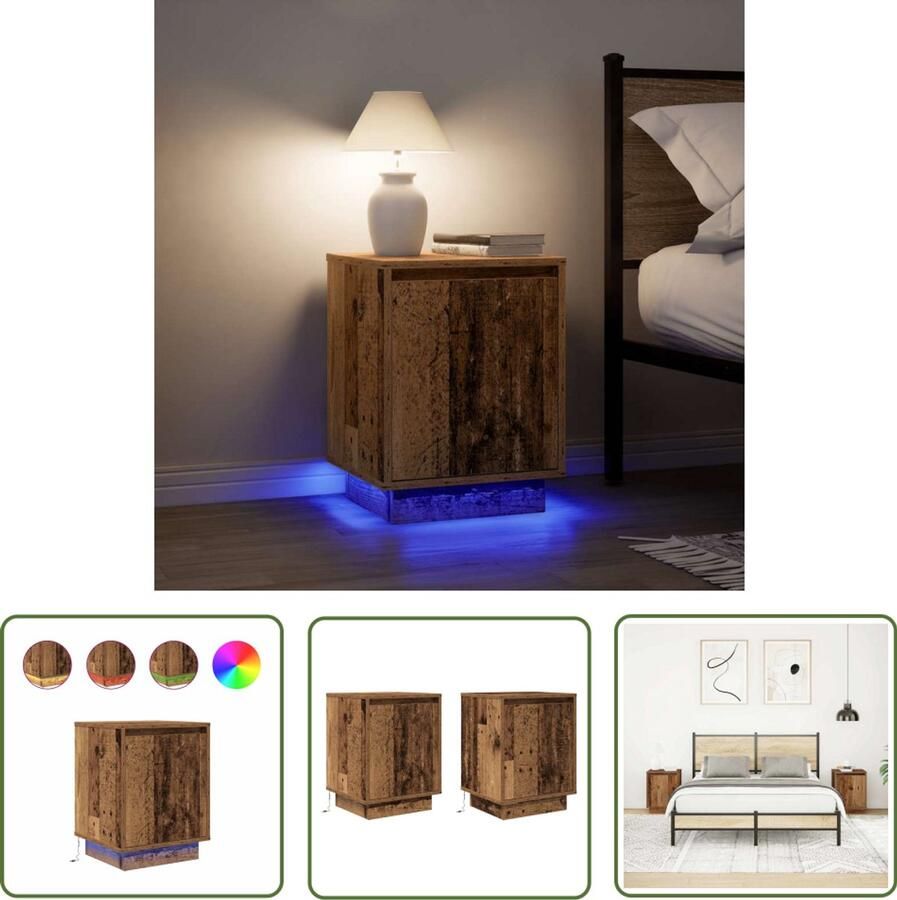 The Living Store Nachtkastjes met led-verlichting 2 st 38x34x50 cm oud hout Nachtkastjes LED-verlichting Slaapkamers Houten Meubilair Opbergkast