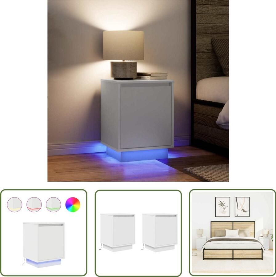 The Living Store Nachtkastjes met led-verlichting 2 st 38x34x50 cm wit Nachtkastjes LED-verlichting Slaapkamer Houten Nachtkastjes Opbergkast