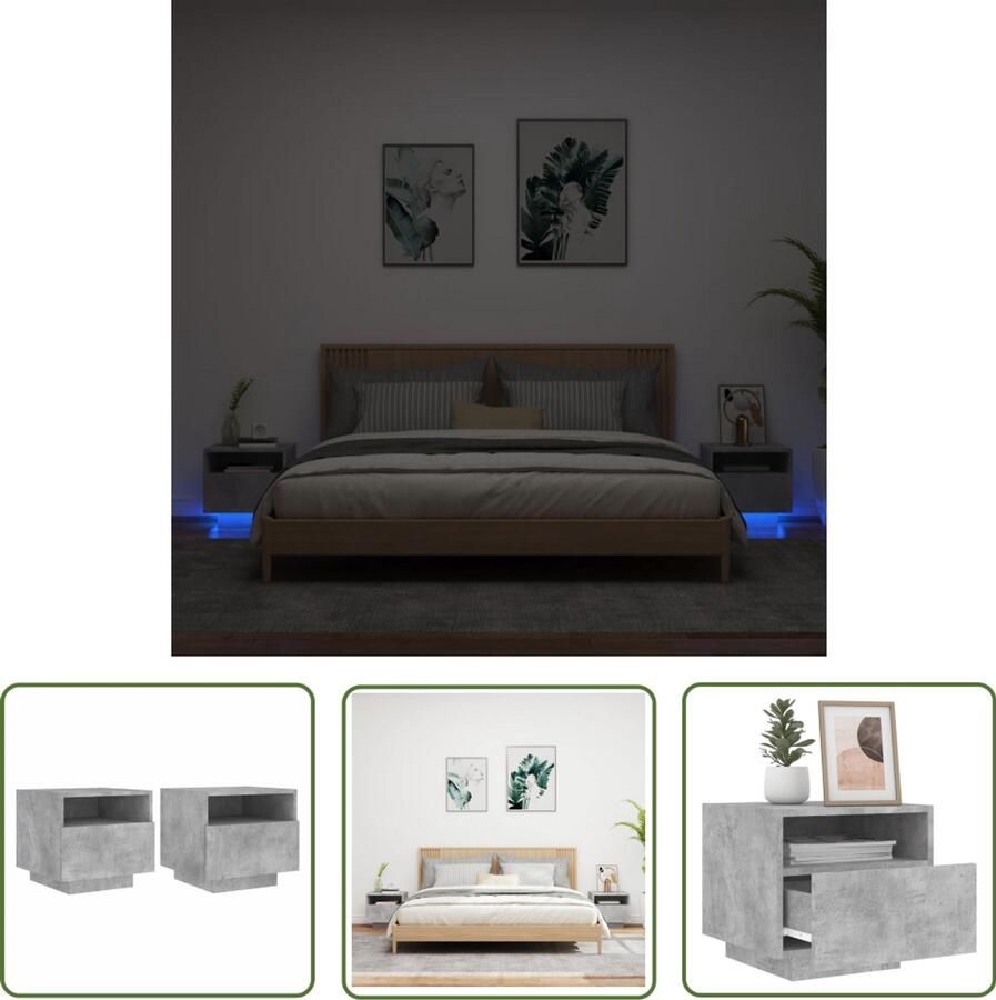 VidaXL Nachtkastjes met LED-verlichting 2 st 40x39x37 cm betongrijs Nachtkastjes Led Verlichting Betonnen Grijs Houten Nacht Tafeltje Slaap Kamer Meubilair
