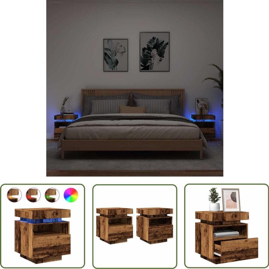 The Living Store Nachtkastjes met LED-verlichting 2 st 40x39x48 5 cm oud hout Nachtkastjes Led Verlichting Slaapkamers Kastjes Vintage