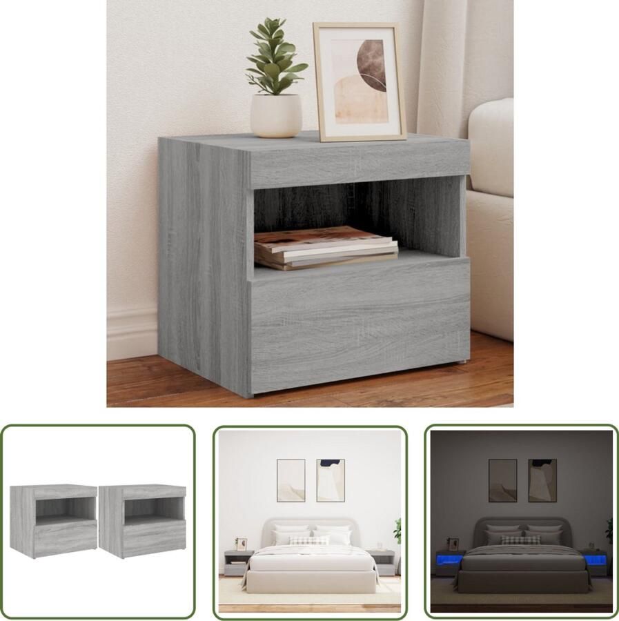 The Living Store Nachtkastjes met LED-verlichting 2 st 50x40x45 cm grijs sonoma Nachtkastjes Led Verlichting Slaapkamers Houten Kast Grijze Meubels