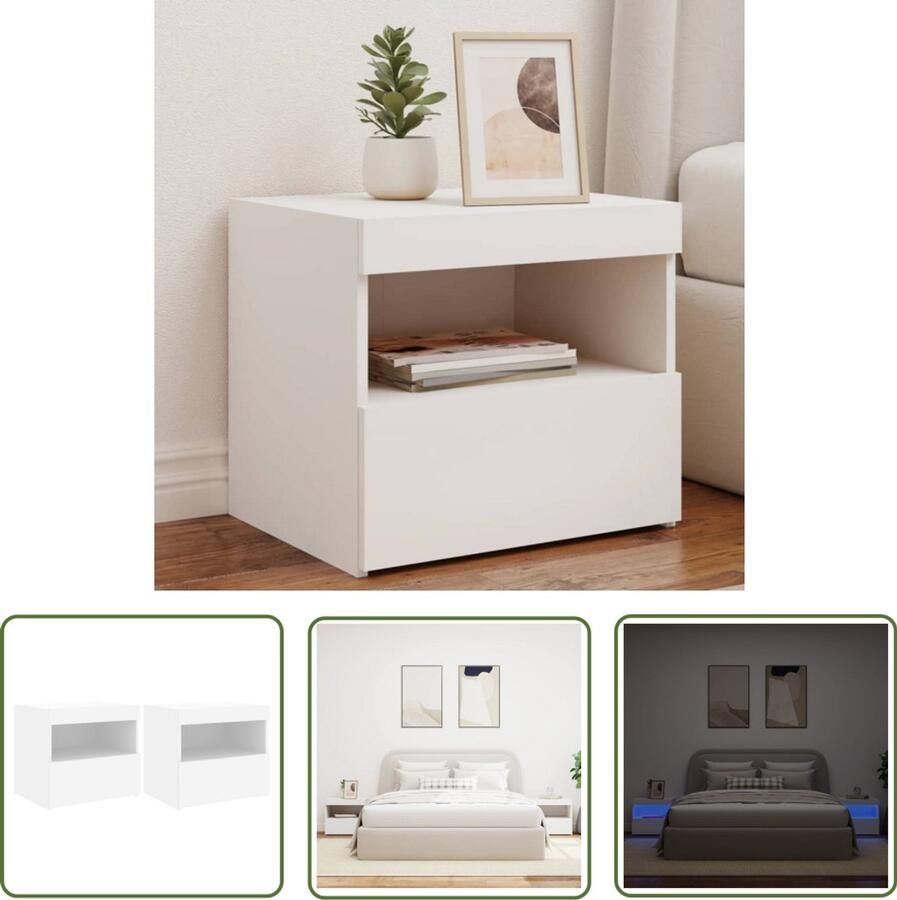 The Living Store Nachtkastjes met LED-verlichting 2 st 50x40x45 cm wit Nachtkastjes Led Verlichting Houten Kast Slaapkamermeubilair Bedroom Furniture