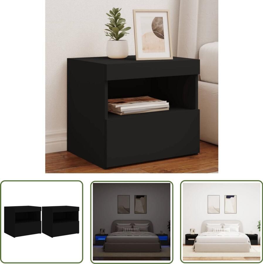 VidaXL Nachtkastjes met LED-verlichting 2 st 50x40x45 cm zwart Nachtkastjes Led Verlichting Houten Nachtkastjes Slaapkamerstijl Modern Design