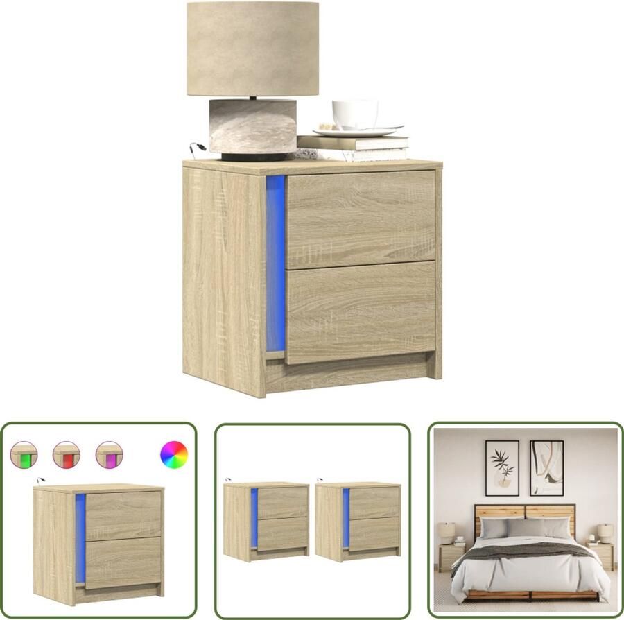 VidaXL Nachtkastjes met LED-verlichting 2 st bewerkt hout sonoma eiken Nachtkastjes Led Verlichting Sonoma Eiken Houten Nachtkastjes Opbergkast