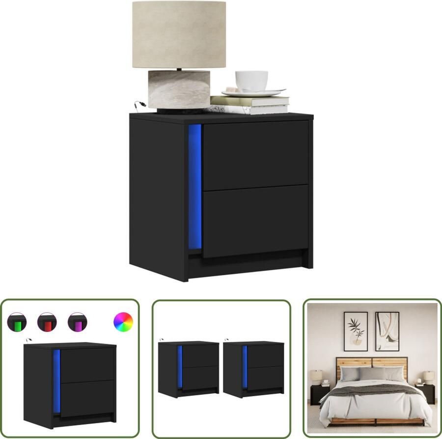 VidaXL Nachtkastjes met LED-verlichting 2 st bewerkt hout zwart Nachtkastjes Led Verlichting Houten Nachtkastjes Black Furniture Bedroom Storage