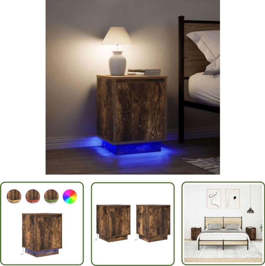 The Living Store Nachtkastjes met LED-verlichting 2 st gerookt eikenkleurig Nachtkastjes Led Verlichting Slaapkamers Houten Meubilair Opbergkast