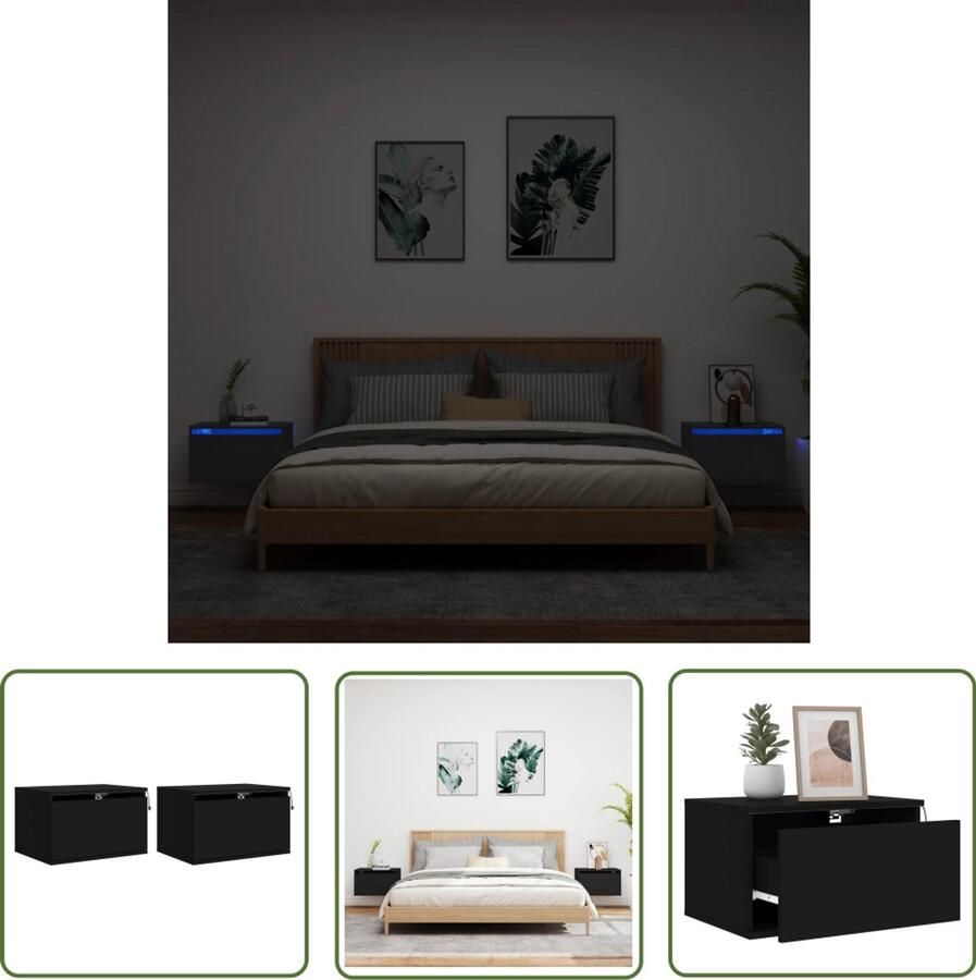 The Living Store Nachtkastjes met LED's 2 st wandgemonteerd zwart Wandgemonteerd Nachtkastje Wandgemonteerde Nachtkastjes Nachtkastje Zwevend Nachtkastje