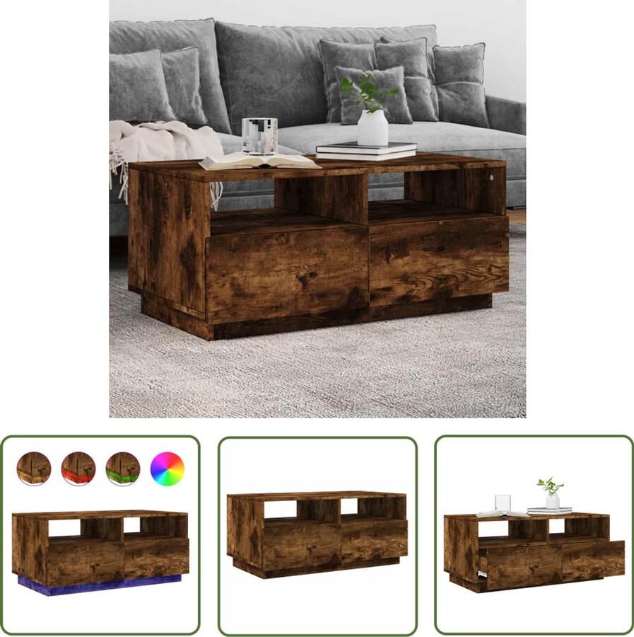 VidaXL Salontafel met LED-verlichting 90x49x40 cm gerookt eikenkleurig Salontafel Led Verlichting Houten Salontafel Bruine Salontafel Bewerkt Hout
