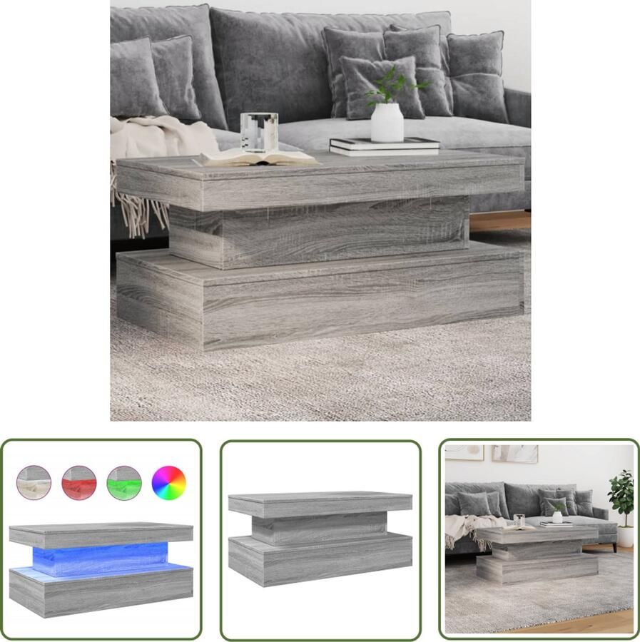 VidaXL Led Verlichting Salontafel met LED-verlichting 90x50x40 cm grijs sonoma eiken Houten Salontafel Grijze Salontafel Bijzettafel