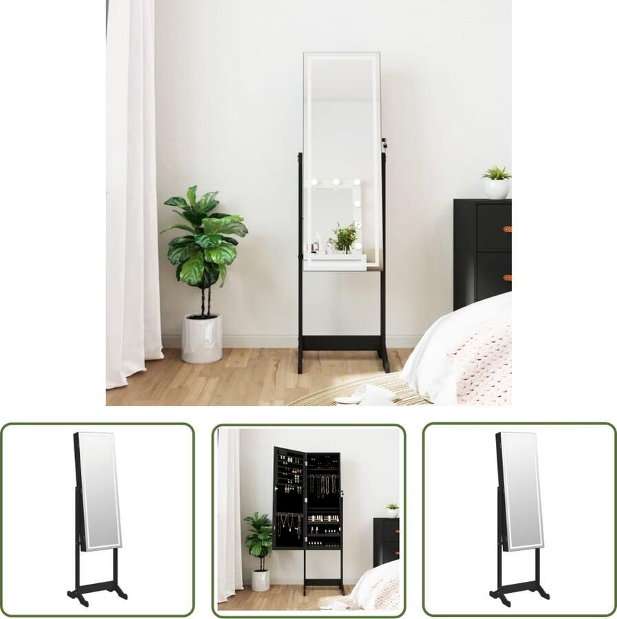 The Living Store Sieradenkast met LED-verlichting Zwart 42 x 38 x 152 cm Afsluitbaar Sieraden Kast LED Verlichting Spiegeltje Juwelen Organizer Zwarte Sierenkast