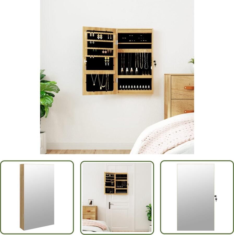 The Living Store Sieradenkast met LED-verlichting Bewerkt Hout 37.5 x 10 x 67 cm Afsluitbaar Sieraden Kast LED Verlichting Houten Sierenkast Sieradenschrank Juwelenkoffer