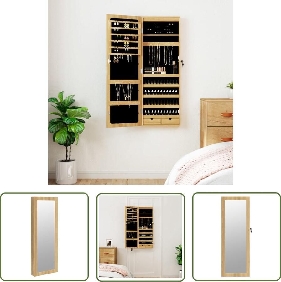 The Living Store sieradenkast met LED-verlichting 37.5 x 10 x 106 cm Duurzaam bewerkt hout Sieraden Kast LED Verlichting Sieradenschrank Juwelen Organizer Houten Sierenkast