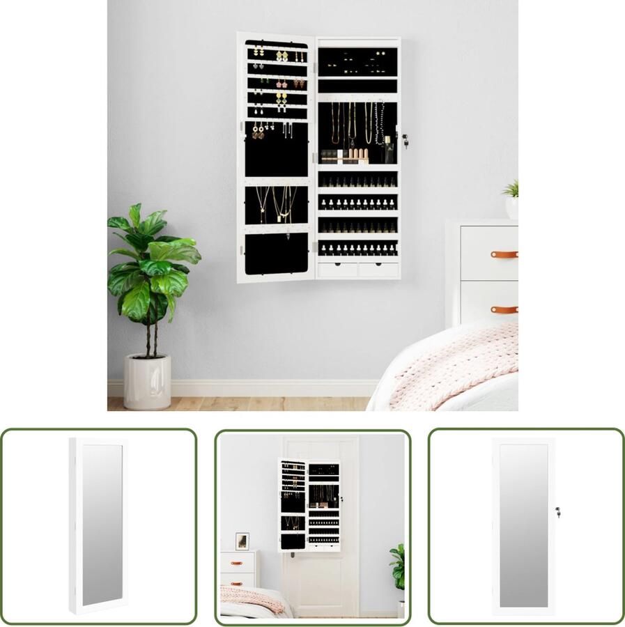 The Living Store Sieradenkast met LED-verlichting Wit 37.5 x 10 x 106 cm Duurzaam bewerkt hout Sieraden Kast LED Verlichting Spiegeltje Juwelen Organizer Houten Sierenkast