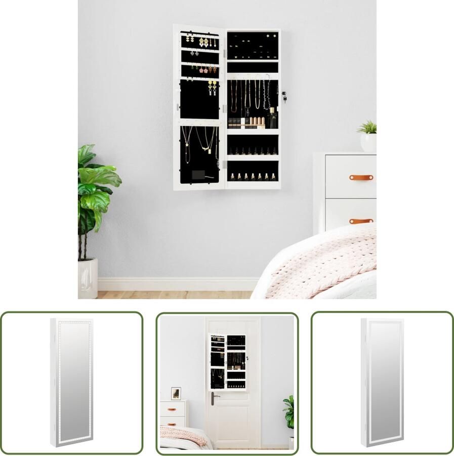 The Living Store Sieradenkast met LED-verlichting Wit 31.5 x 9 x 90 cm Duurzaam praktisch en ruimtebesparend Sieradenkast Led Verlichting Spiegeltje Juwelen Organizer Opbergkast