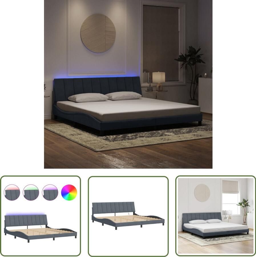 VidaXL Led Verlichting Slaapcomfort Bedframe met LED zonder matras Hanko fluweel donkergrijs 200x200 cm Velvet Bed Frame Grijs Bed Frame Tweepersoons Bed