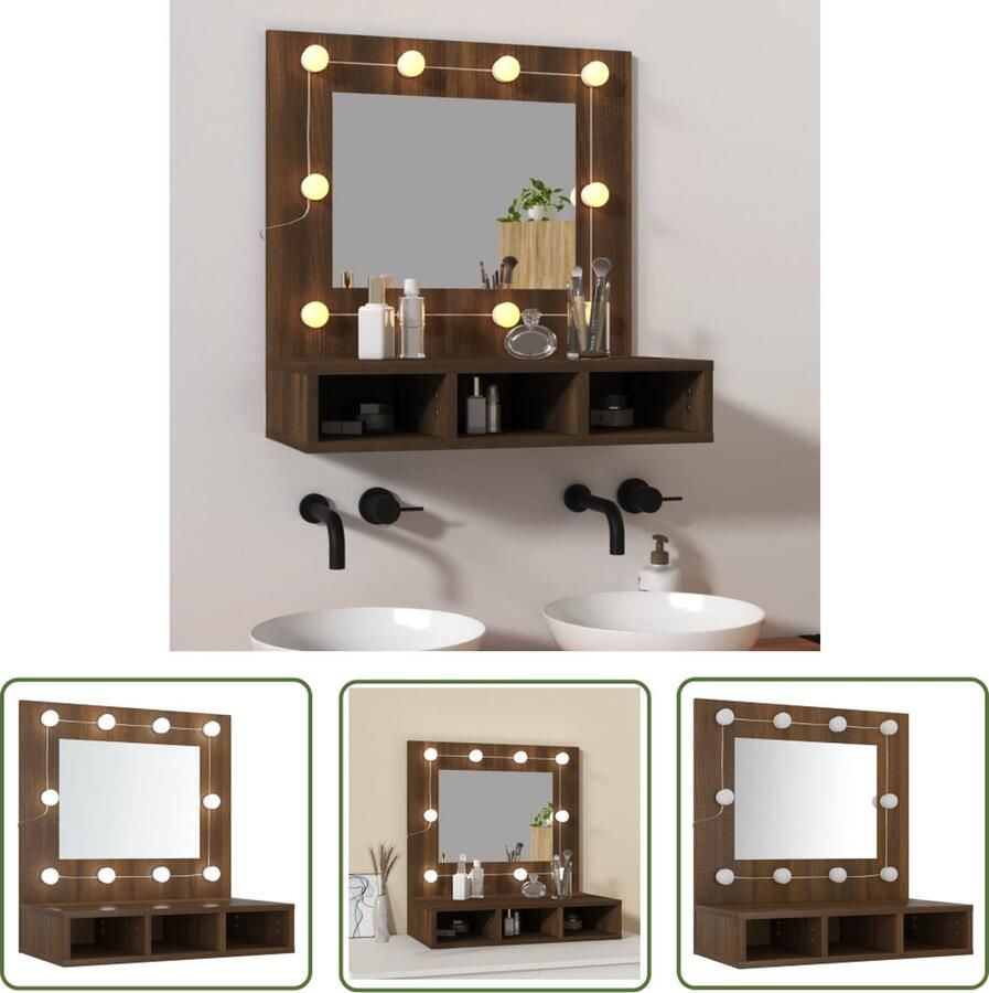VidaXL Led Verlichting Spiegelkast met LED-verlichting 60x31 5x62 cm bruin eikenkleur Badkamermeubilair Houten Spiegel Vintage Spiegel