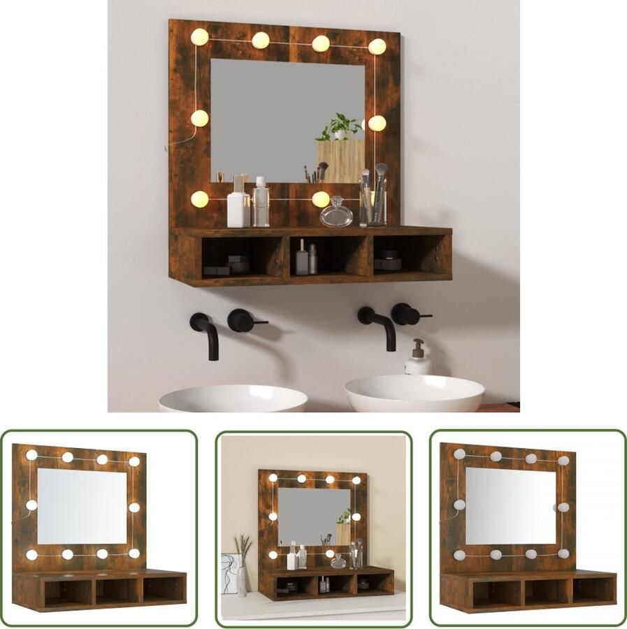 VidaXL Led Verlichting Spiegelkast met LED-verlichting 60x31 5x62 cm gerookt eiken Badkamermeubel Houten Spiegel Bruine Spiegel