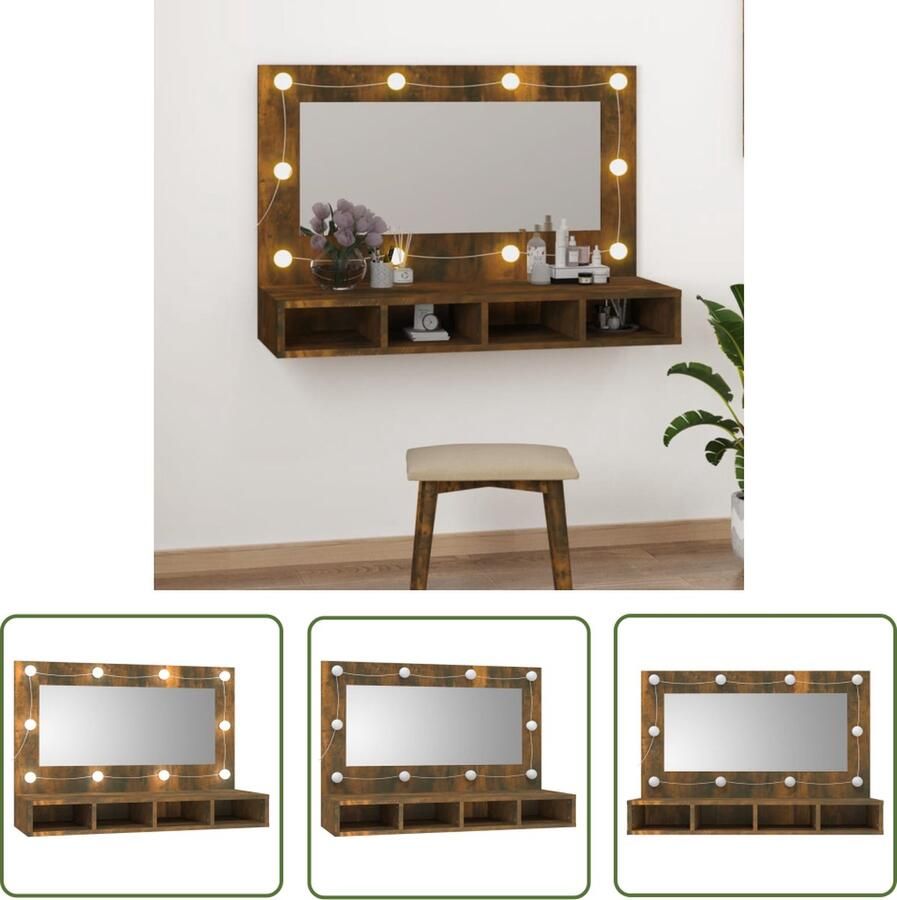 VidaXL Led Verlichting Spiegelkast met LED-verlichting 90x31 5x62 cm gerookt eiken Badkamermeubel Houten Spiegel Vintage Spiegel