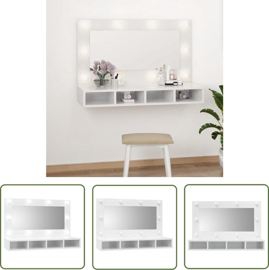 VidaXL Led Verlichting Spiegelkast met LED-verlichting 90x31 5x62 cm hoogglans wit Badkamermeubel Opbergruimte Houten Spiegel
