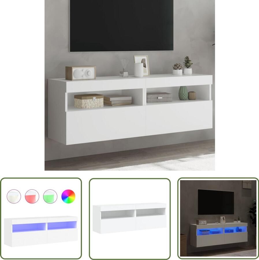 The Living Store Tv-wandmeubels met LED-verlichting 2 st 60x30x40 cm wit Tv-kasten Led Verlichting Wandmontage Opbergruimte Houten Tv-standaard