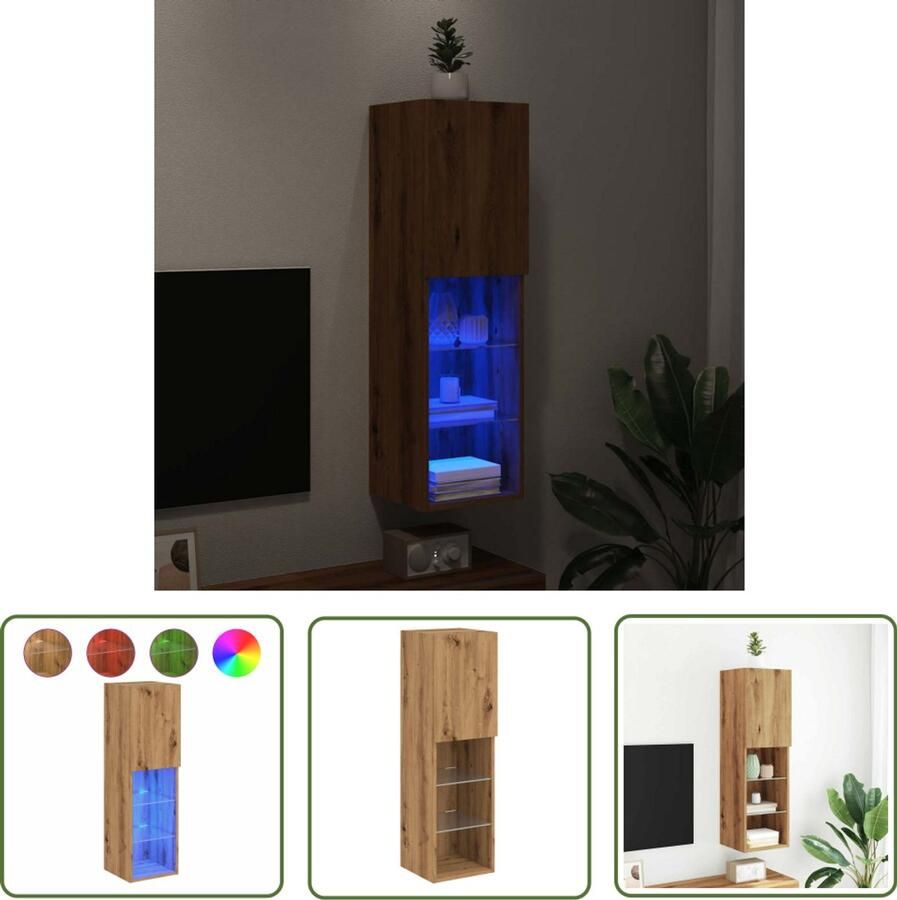 The Living Store Tv-meubel met LED-verlichting 30 5x30x102 cm artisanaal eiken Tv-meubel Led-verlichting Houten Tv-meubel Salontafel Decoratie