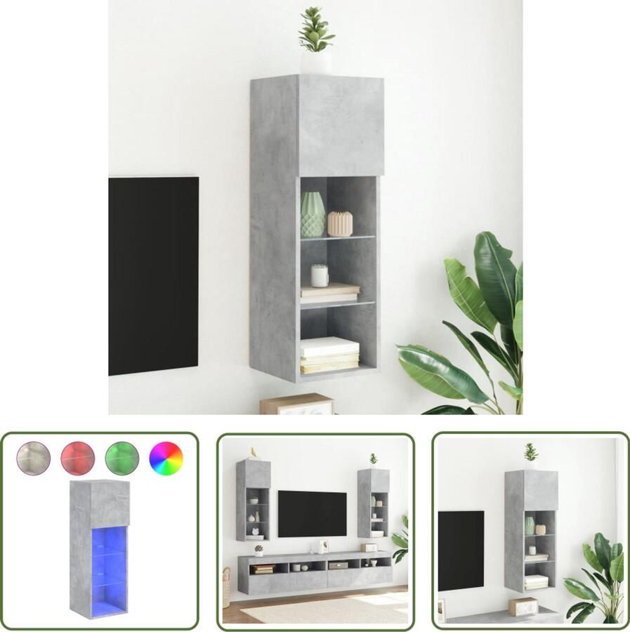 The Living Store Tv-meubel met LED-verlichting 30 5x30x90 cm betongrijs Tv-meubel Led-verlichting Beton Grijs Houten Tv Kast Opbergruimte