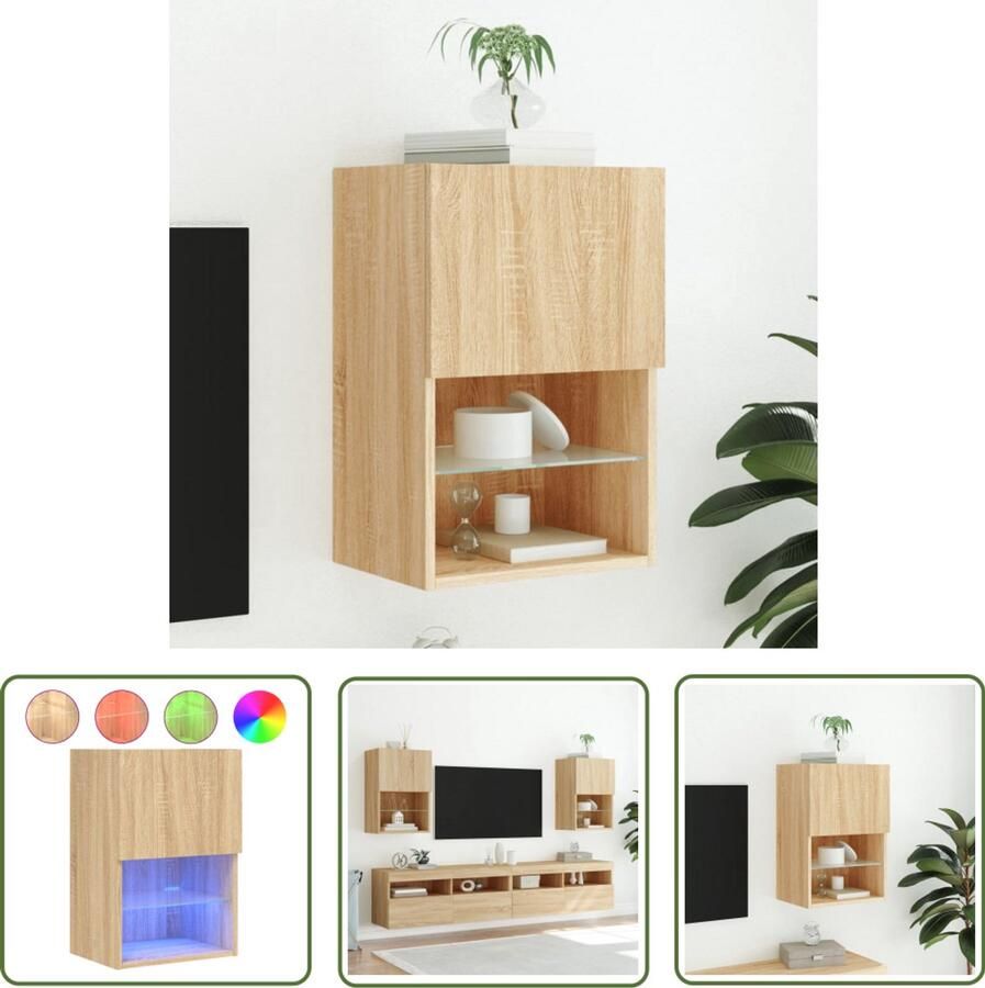 The Living Store Tv-meubel met LED-verlichting 40 5x30x60 cm sonoma eikenkleurig Tv-meubel Led-verlichting Sonoma Eiken Wandmontage Opbergruimte
