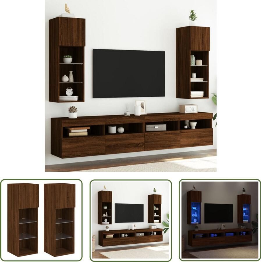 The Living Store Tv-meubels met LED-verlichting 2 st 30 5x30x90 cm bruineiken Tv Meubel Led Verlichting Bruin Houten Tv Kast Wandmontage