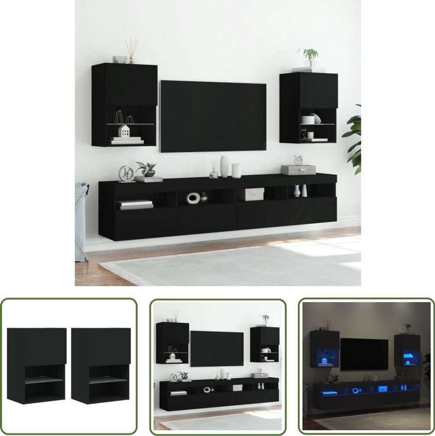 The Living Store Tv-meubels met LED-verlichting 2 st 40 5x30x60 cm zwart Tv Meubel Led Verlichting Tv Kast Zwart Bewerkt Hout