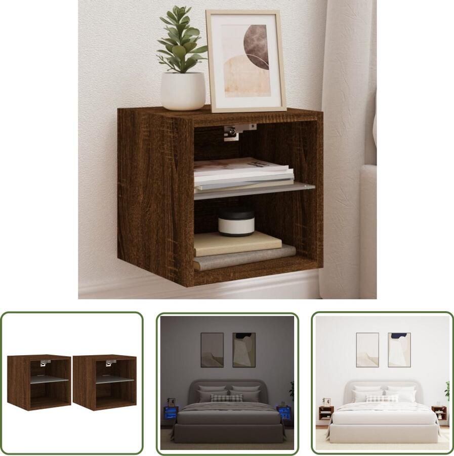 The Living Store Tv-wandmeubels met LED 2 st 30x28 5x30 cm bruin eikenkleur Tv-wandkast Led Verlichting Tv Meubel Houten Kast Bruine Eiken