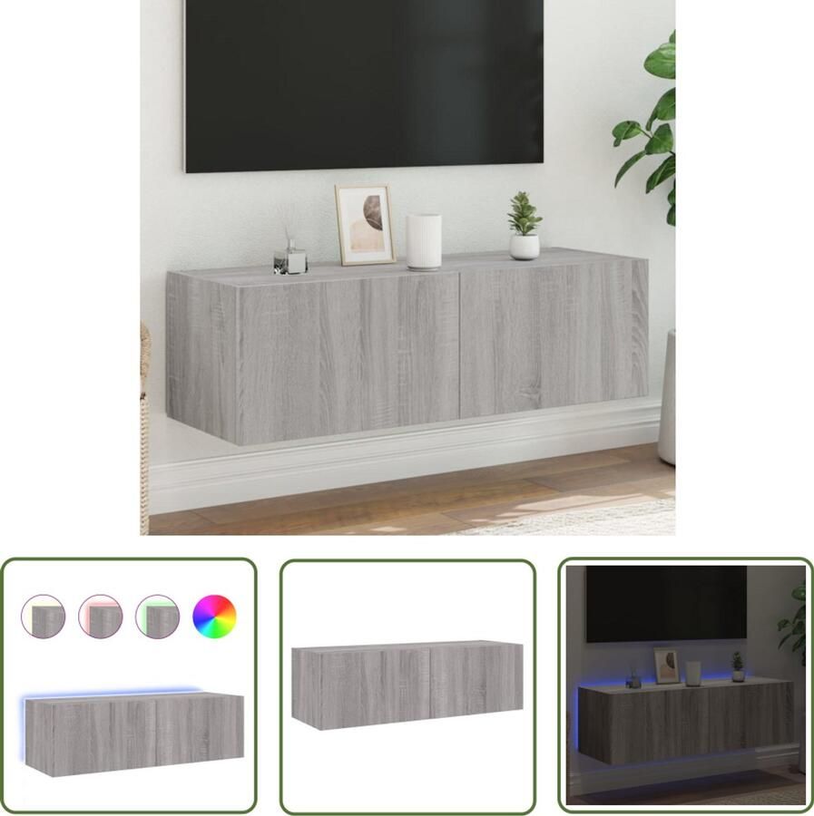 The Living Store Tv-wandmeubel met LED-verlichting 100x35x31 cm grijs sonoma Tv-wandmeubel Led-verlichting Grijze Tv Kast Houten Tv Stand Mediabox