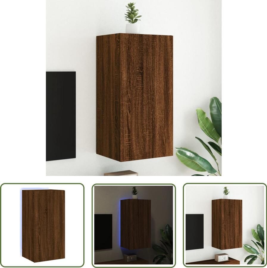The Living Store Tv-wandmeubel met LED-verlichting 40 5x35x80 cm bruineikenkleur Tv-wandmeubel Led-verlichting Bruin Houten Meubels Opbergruimte