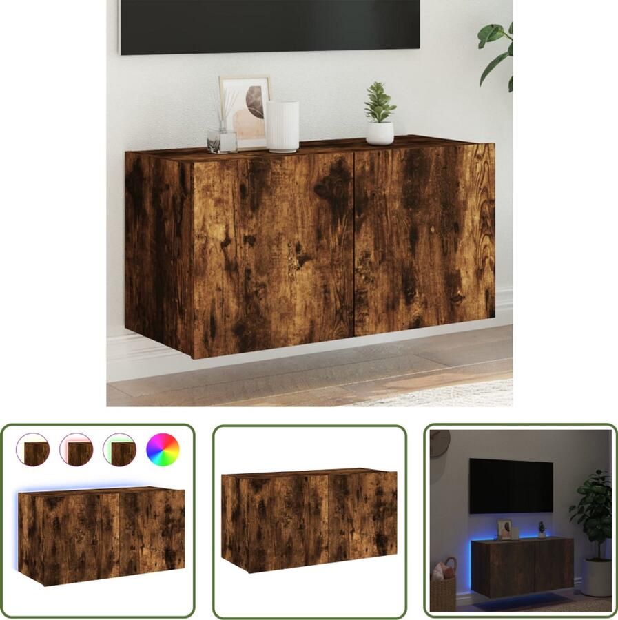 The Living Store Tv-wandmeubel met LED-verlichting 80x35x41 cm gerookt eiken Tv-wandmeubel Led-verlichting Bruine Tv-standaard Houten Tv-tafel Mediabox