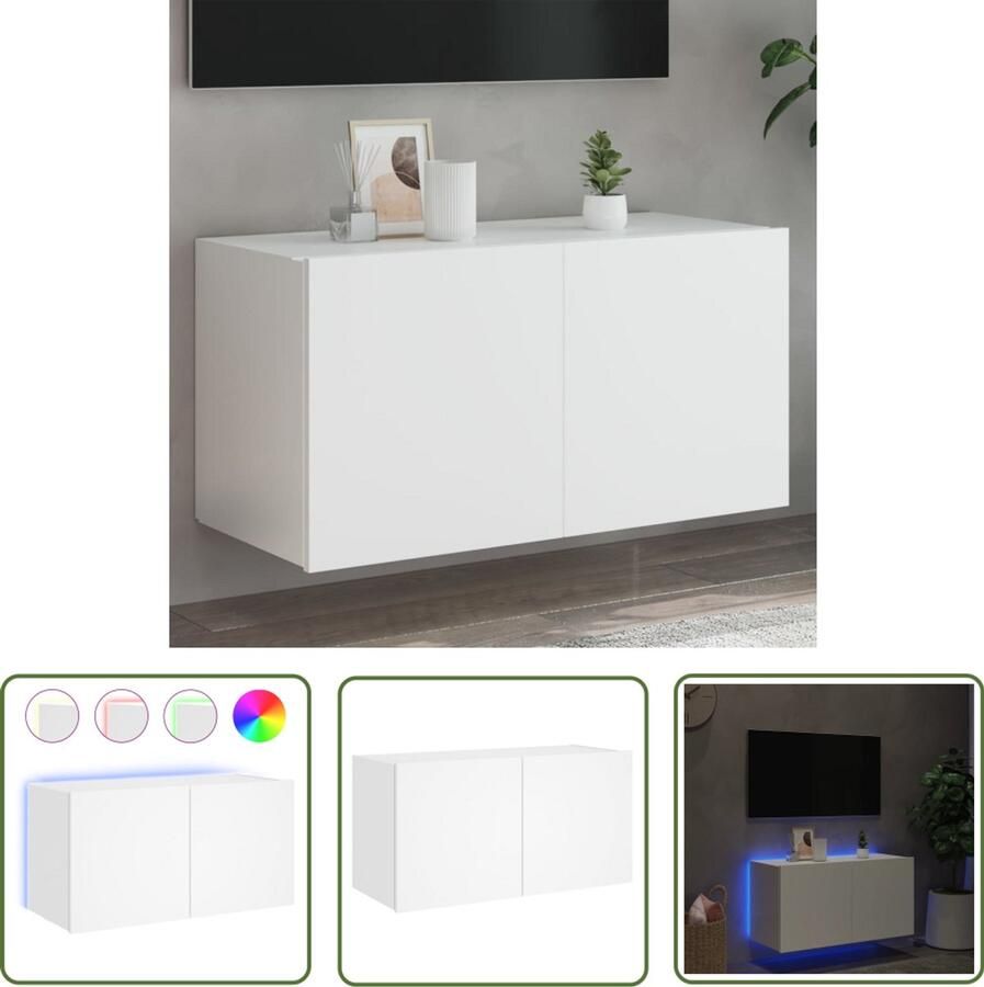 The Living Store Tv-wandmeubel met LED-verlichting 80x35x41 cm wit Tv-wandmeubel Led-verlichting Rgb Licht Houten Tv-standaard Tv-kasten