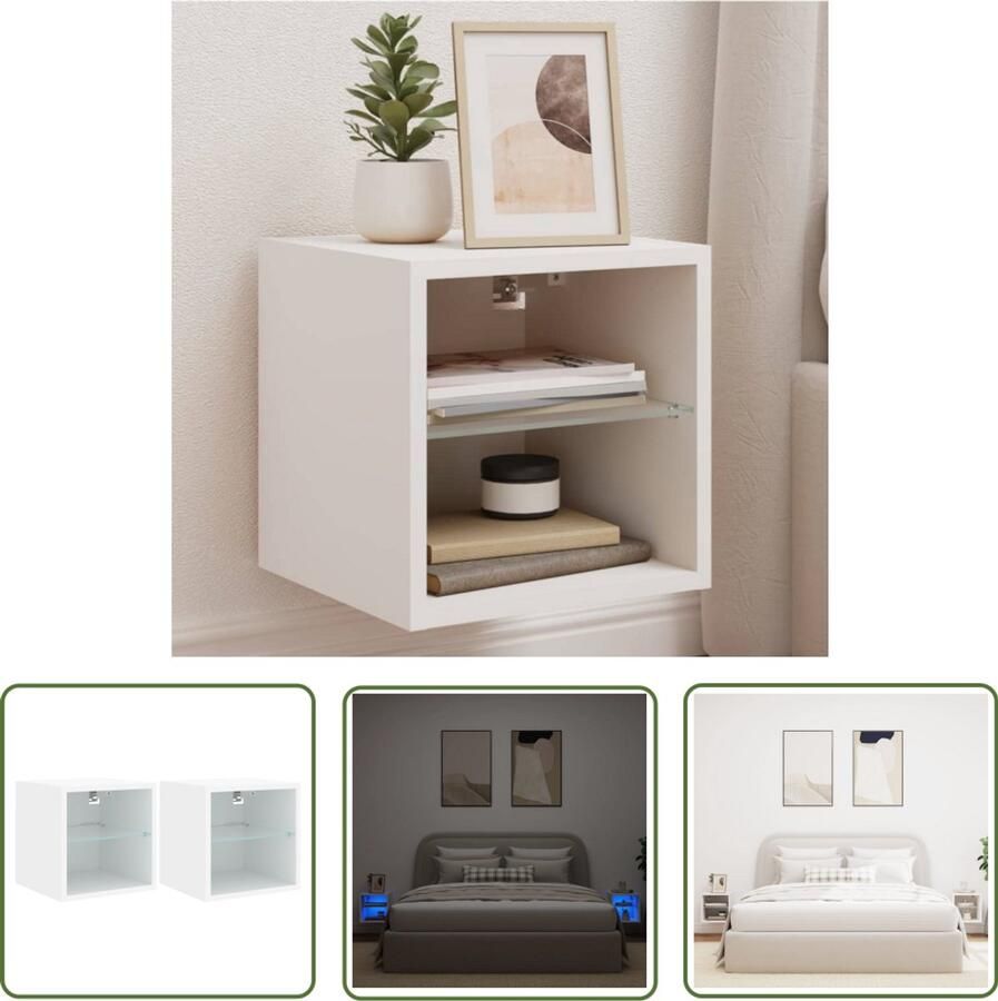 The Living Store Tv-wandmeubels met LED-verlichting 2 st 30x28 5x30 cm wit Tv-wandmeubel Led Verlichting Tv Kast Houten Tv Stand Opbergvak