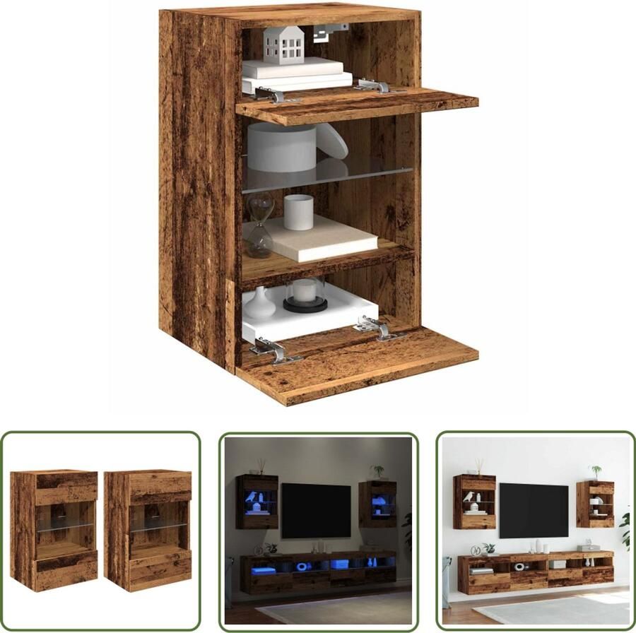 VidaXL Led Verlichting Tv-wandmeubel Wandkasten met LED-verlichting voor tv 2 st 40x30x60 5 cm oud houtkleurig Tv Kast Opbergruimte Houten Tv Stand