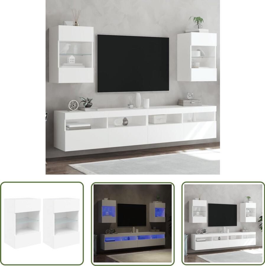The Living Store Tv-wandmeubels met LED-verlichting 2 st 40x30x60 5 cm wit Tv-wandmeubel Led-verlichting Houten Tv-standaard Opbergkasten Woonaccessoires