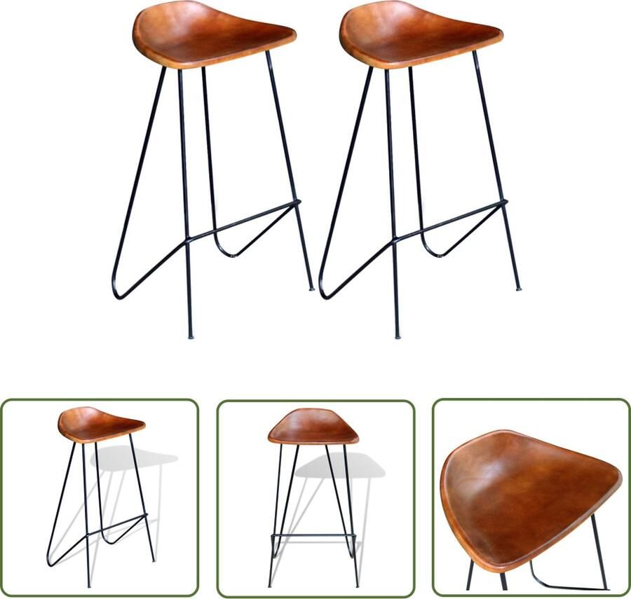 The Living Store Barkruk Industrieel Echt leer 42x45x86 cm (bruin zwart) Barstoel Lederen Barkruk Industrieel Meubilair Bruine Barkruk Zwarte Barkruk
