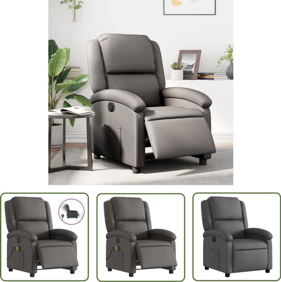 VidaXL Fauteuil verstelbaar elektrisch echt leer grijs Elektrische Fauteuil Lederen Fauteuil Lounge Stoel Relaxfauteuil Fauteuils Grijs