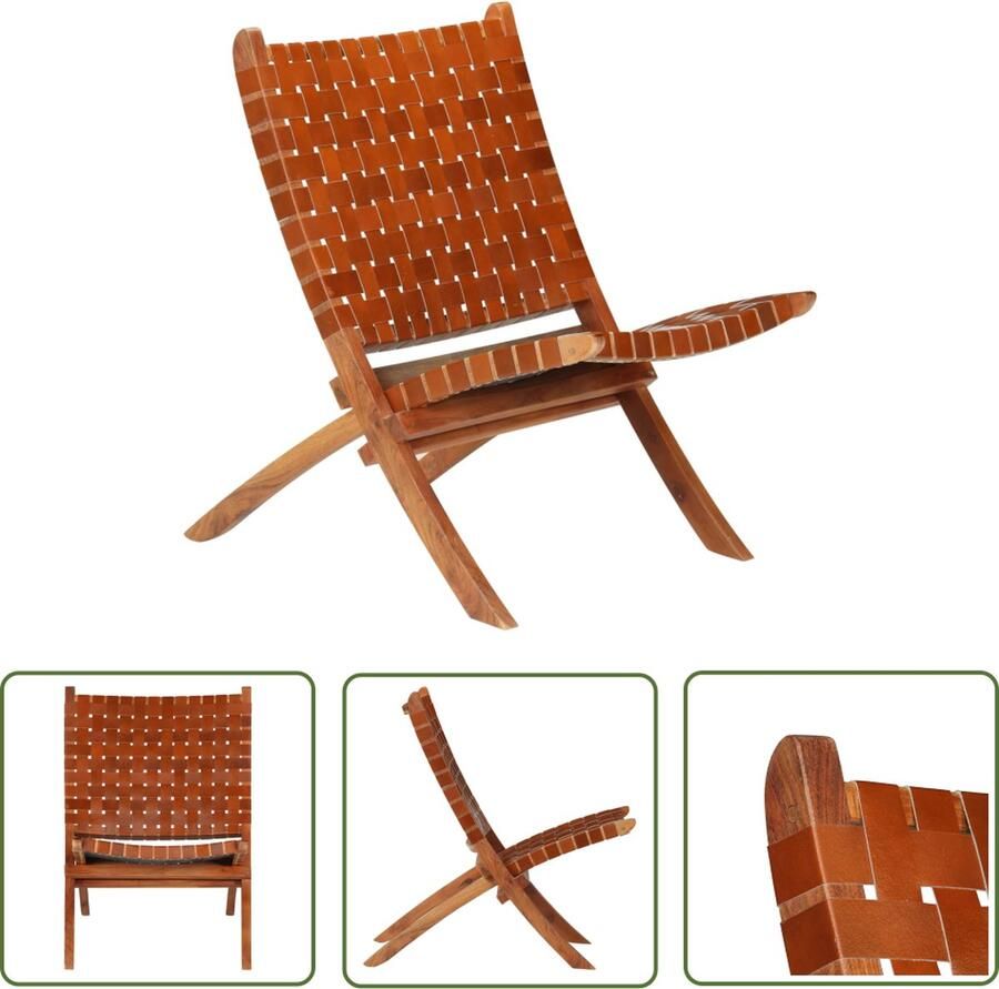 The Living Store Relaxstoel Rustiek Echt geitenleer Acaciahout 59x72x79 cm Relaxfauteuil Lederen Fauteuil Bruine Fauteuil Klapstoel Tuinstoel