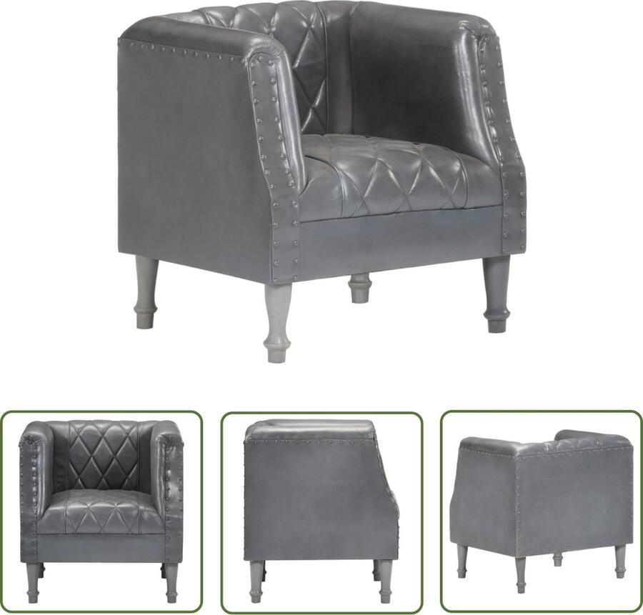 The Living Store Kuipstoel Vintage Echt Geitenleer Massief Mangohout Grijs 60x57x64cm Vintage Fauteuil Lederen Fauteuil Geiten Leer Mangohouten Fauteuil Design Fauteuil - Foto 2