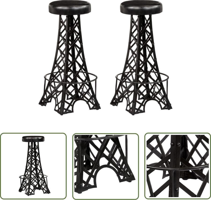 The Living Store Krukken Echt Leer 40x40x76cm Eiffeltoren Ontwerp Barstühlen Lederen Kruk Eiffeltorentje Industrieel Meubilair Zwarte Krukken - Foto 2