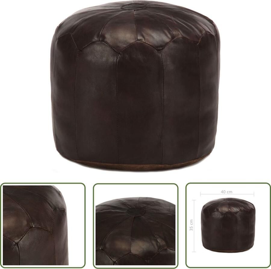 The Living Store Poef 40x35 cm echt geitenleer donkerbruin Poef Lederen Poef Geitenleren Poef Salontafel Stoere Poef