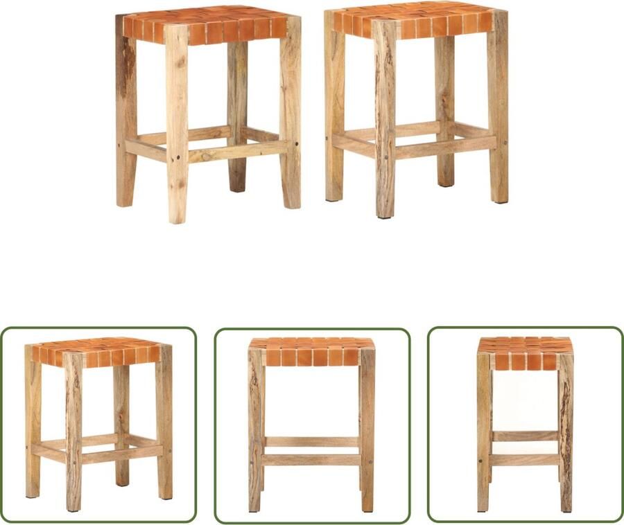 The Living Store Barkrukken Bruin 46 x 36 x 60 cm Echt leer en massief mangohout Barstühlen Lederen Stoel Eetkamerstoel Keukenstoel Mangohouten Meubels