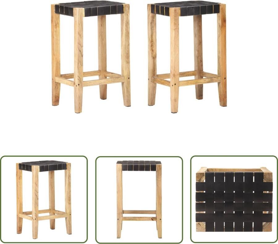 The Living Store Barkrukken Zwart 46 x 36 x 75 cm Geitenleer en mangohout Barstühlen Lederen Stoel Eetkamerstoel Koopmansstoel Lounge Stoel - Foto 2