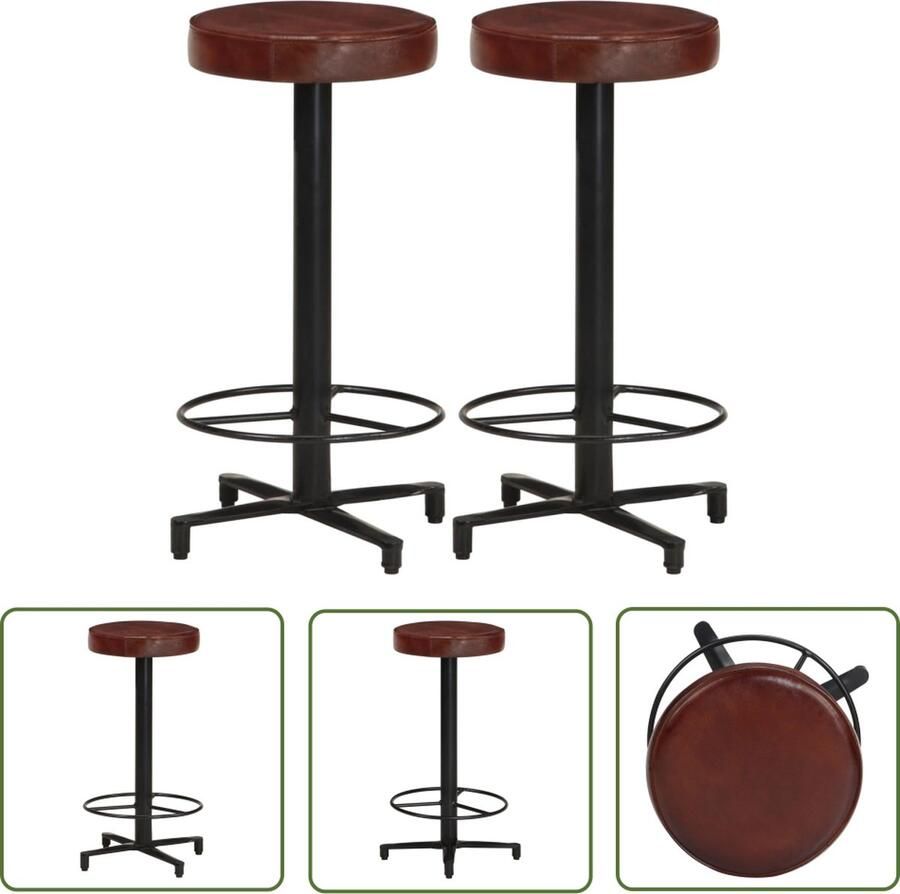 The Living Store Barkrukken Echt leer Robuuste zitting Gepoedercoat ijzer 40x66 cm (Ã¸ x H) Set van 2 Barstoelen Lederen Stoelen Bruine Stoelen Industriele Meubels Eetkamerstoelen - Foto 2